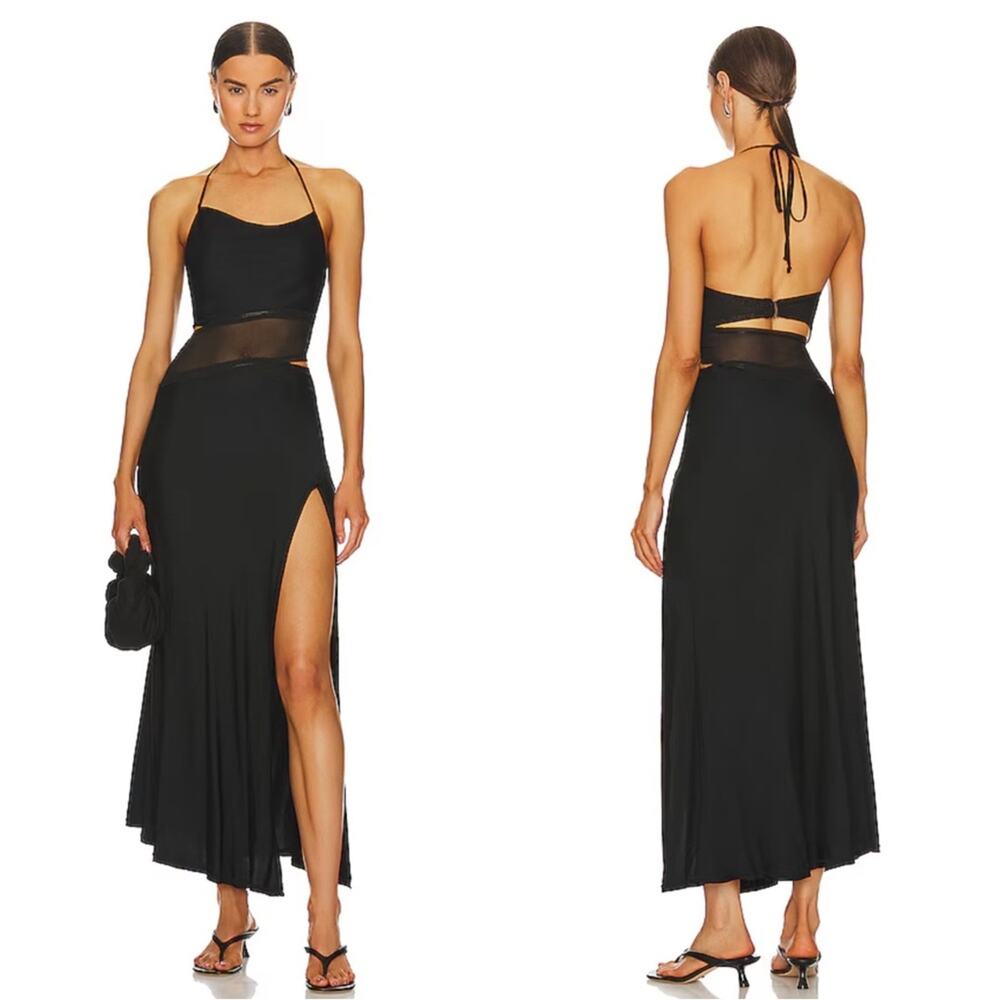 BEC + BRIDGE Max Mesh Halter Cowl Neck Black Maxi Dress Size 2